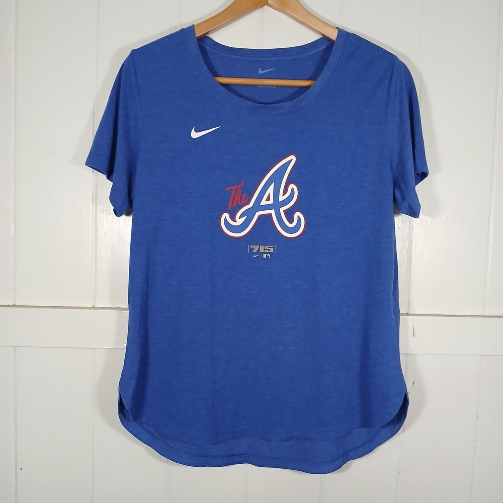 Nike Atlanta Braves T-Shirt Women Large Blue 715 Hank Aaron Scoop Neck NKMV-EX49